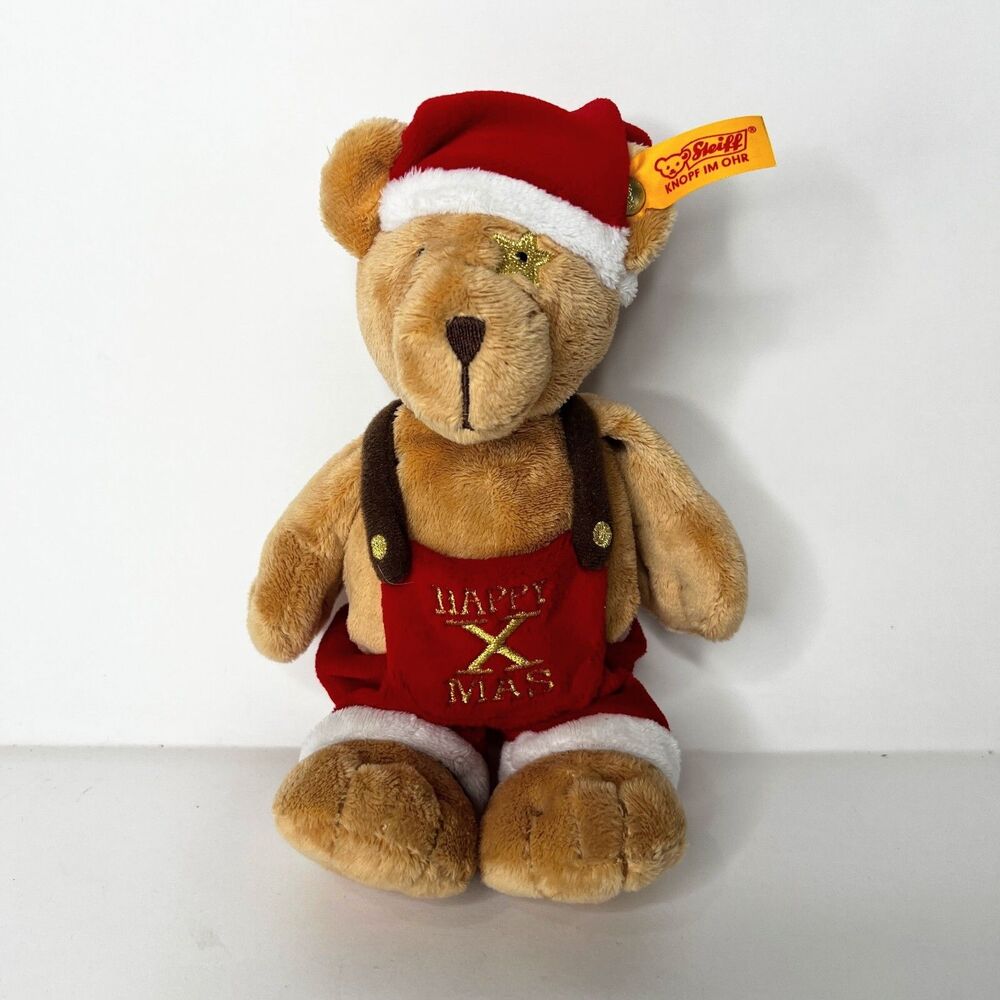 Steiff Bear Santa Wearing Overalls Happy X Mas Christmas Star Eye 115004